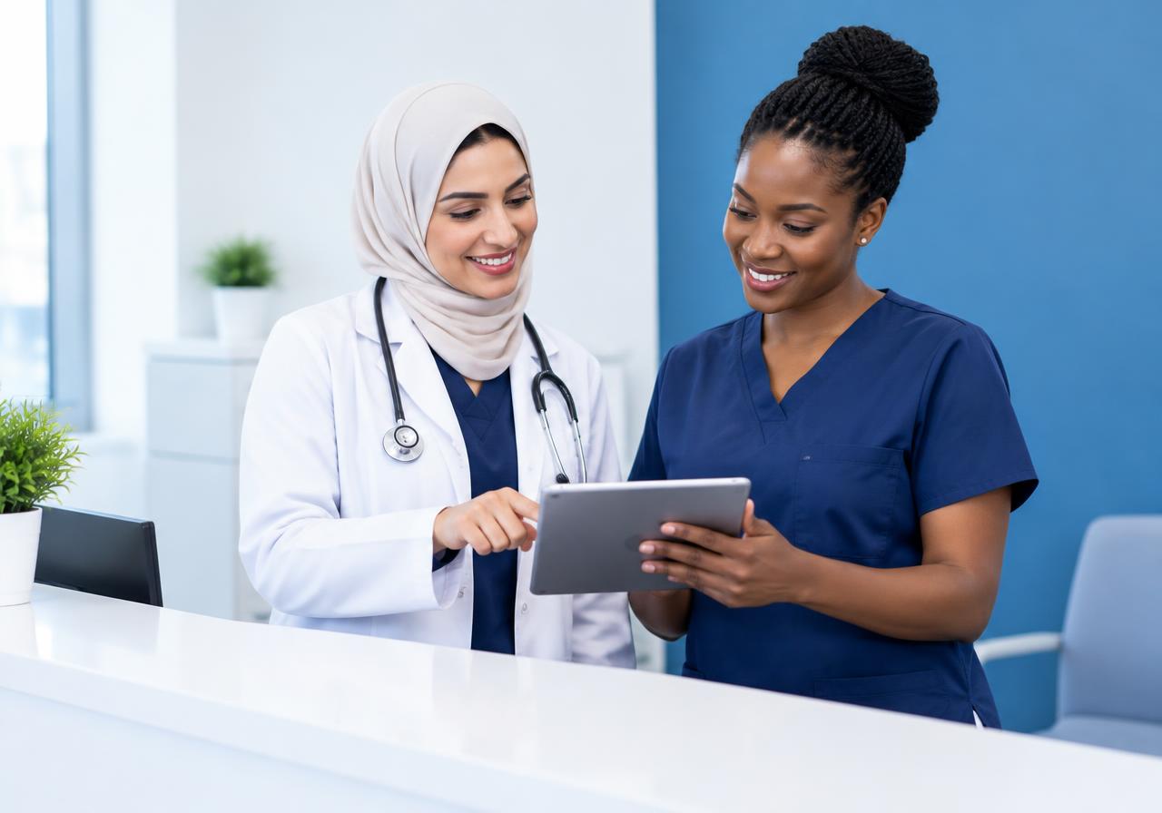 A doctor and a phlebotomist reviewing a tablet in a clinic