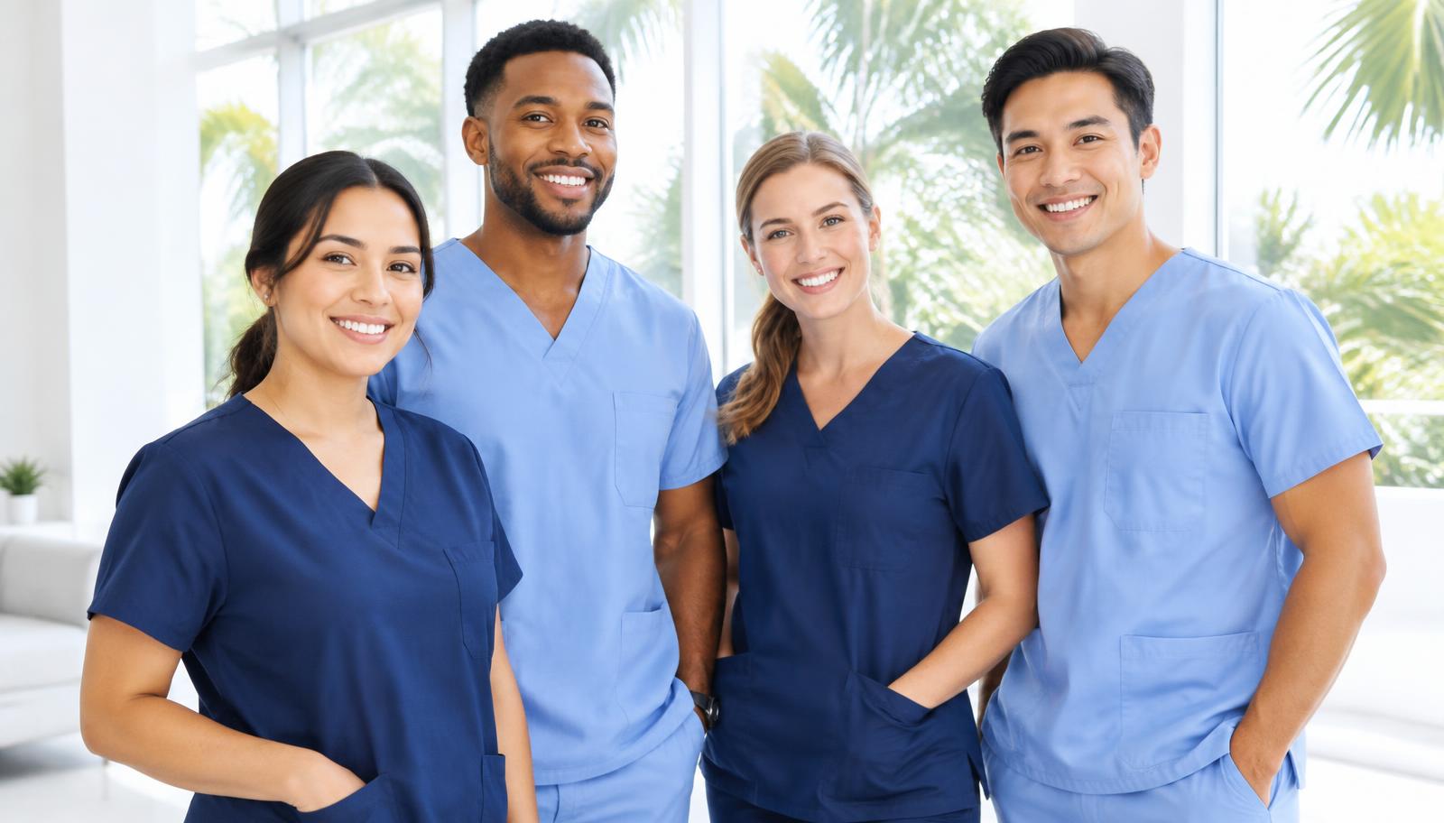 Four smiling phlebotomists in scrubs